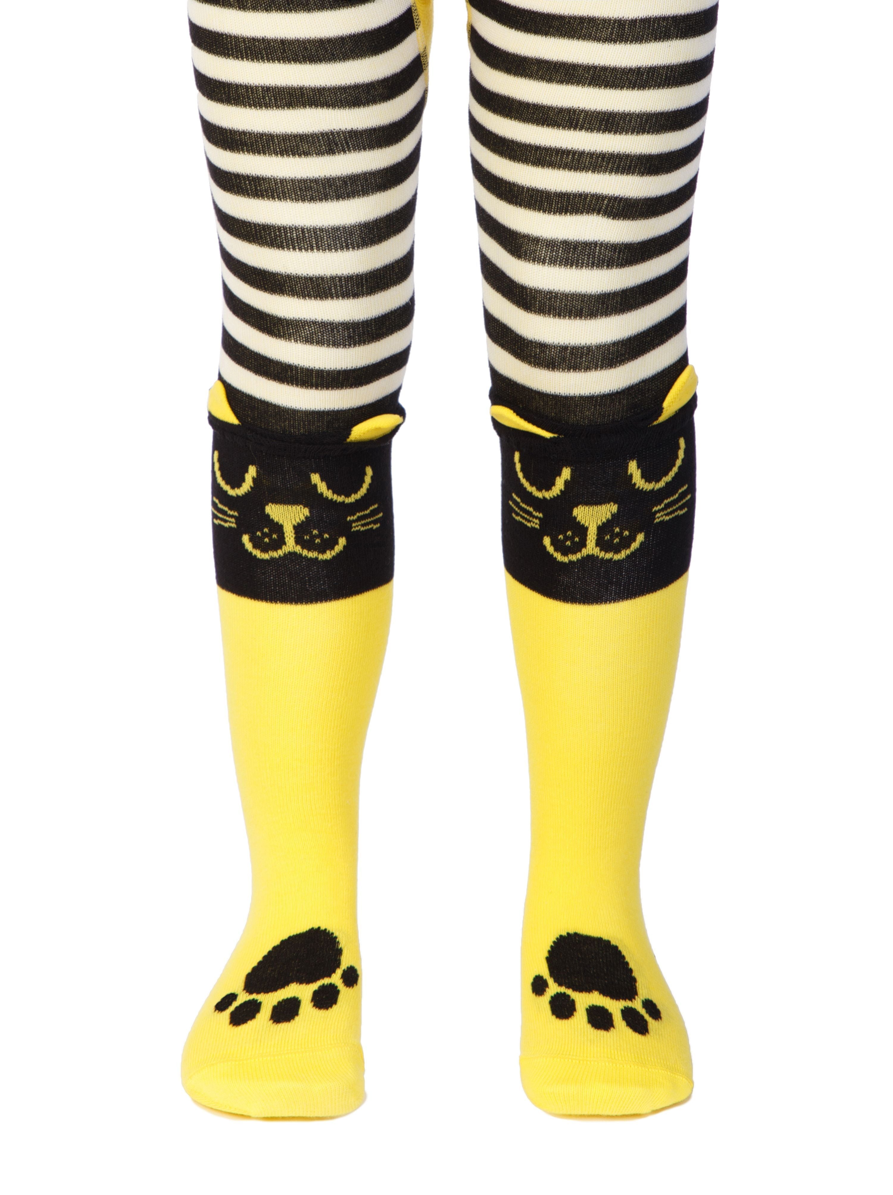 Črtaste črno rumene otroške žabe, bombažne otroške hlačne nogavice z vzorcem Conte Kids Rumeni maček