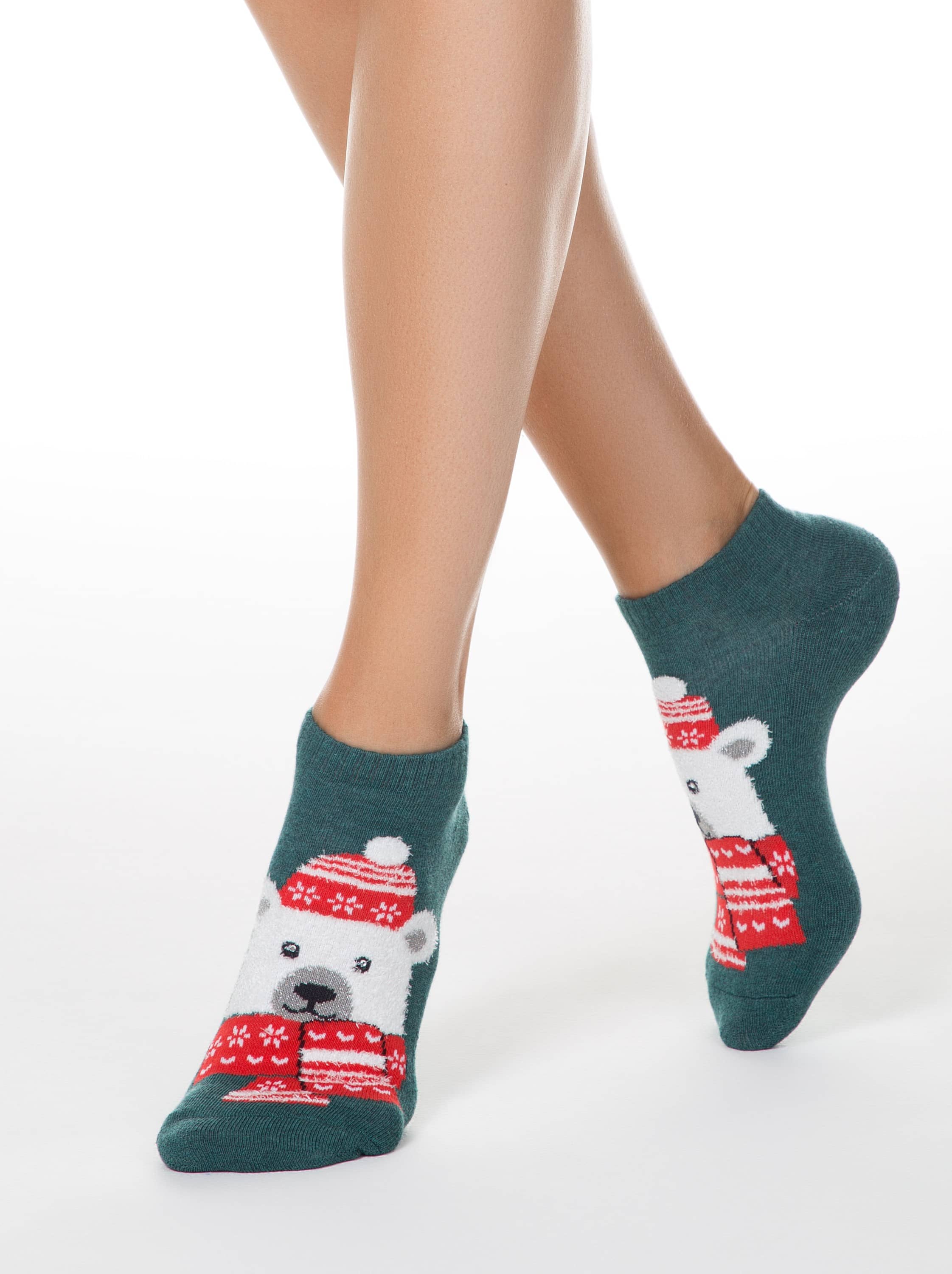Kratke ženske božične nogavice iz bombaža Conte Beli Medvedek darilo za božič ali novo leto Conte Shop