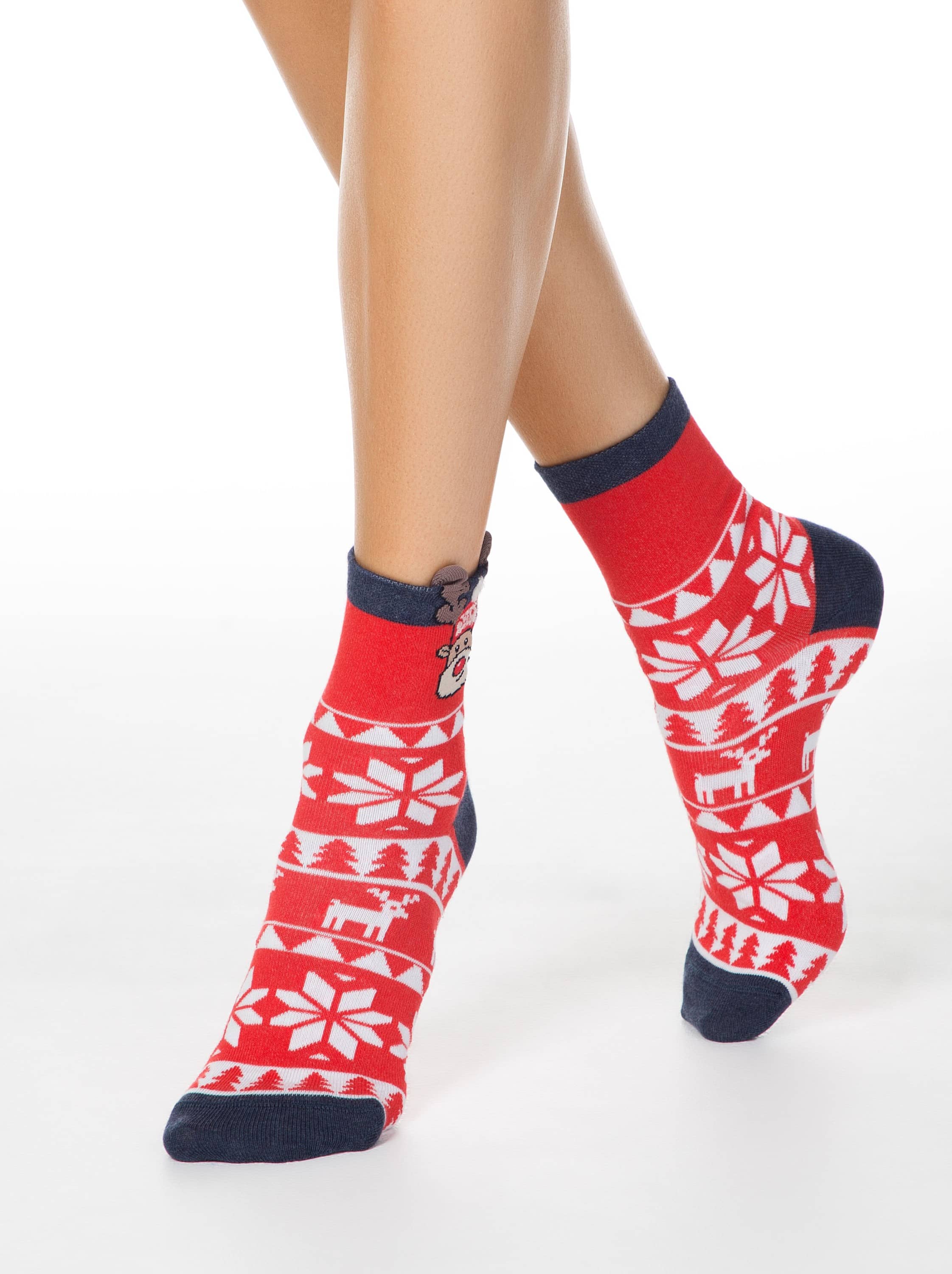 Božične nogavice ženske rdeče z vzorcem jelenček