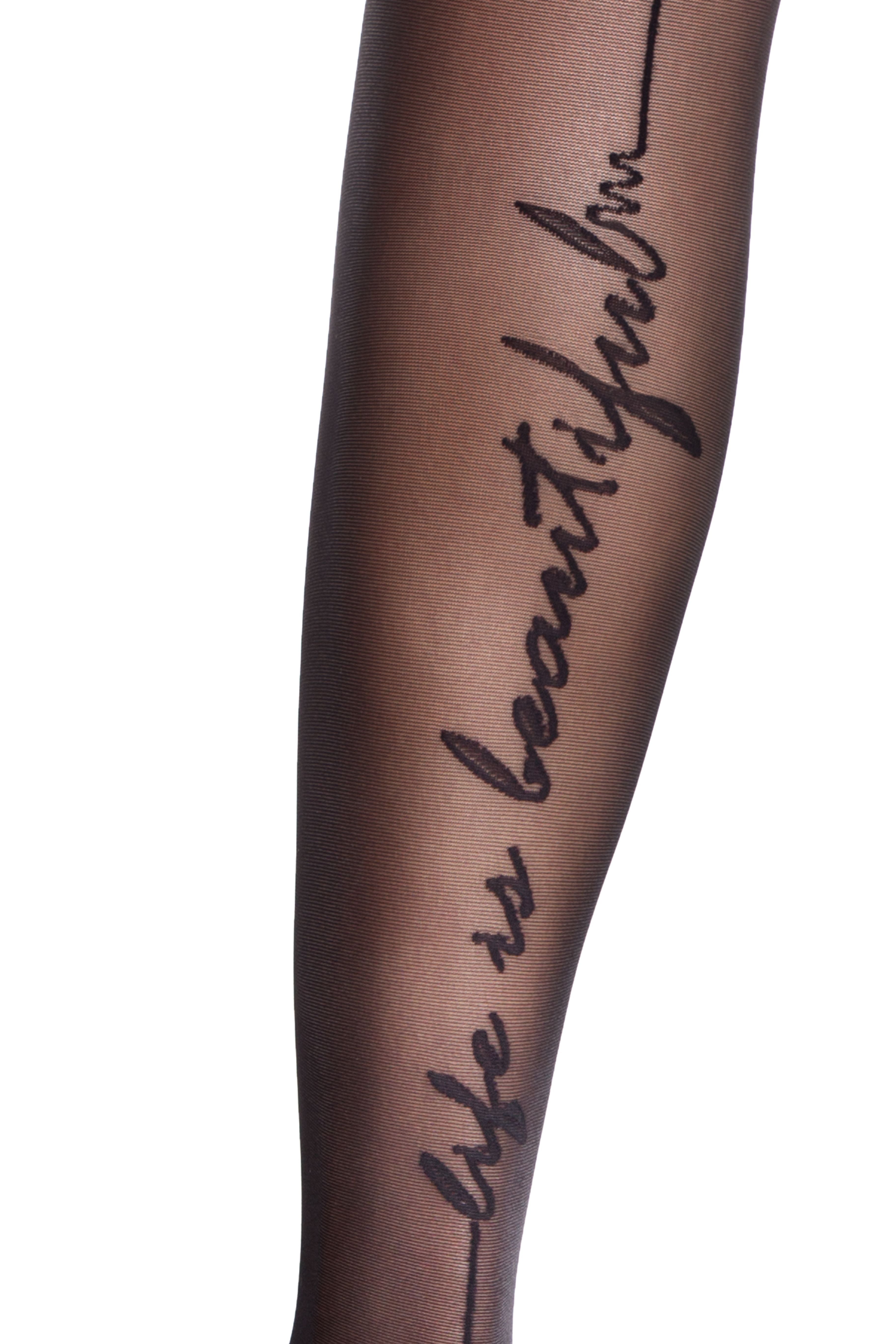 Hlačne nogavice s tatujem v obliki napisa "life is Beautiful" in črto zadaj Conte Elegant Beauty 20 den