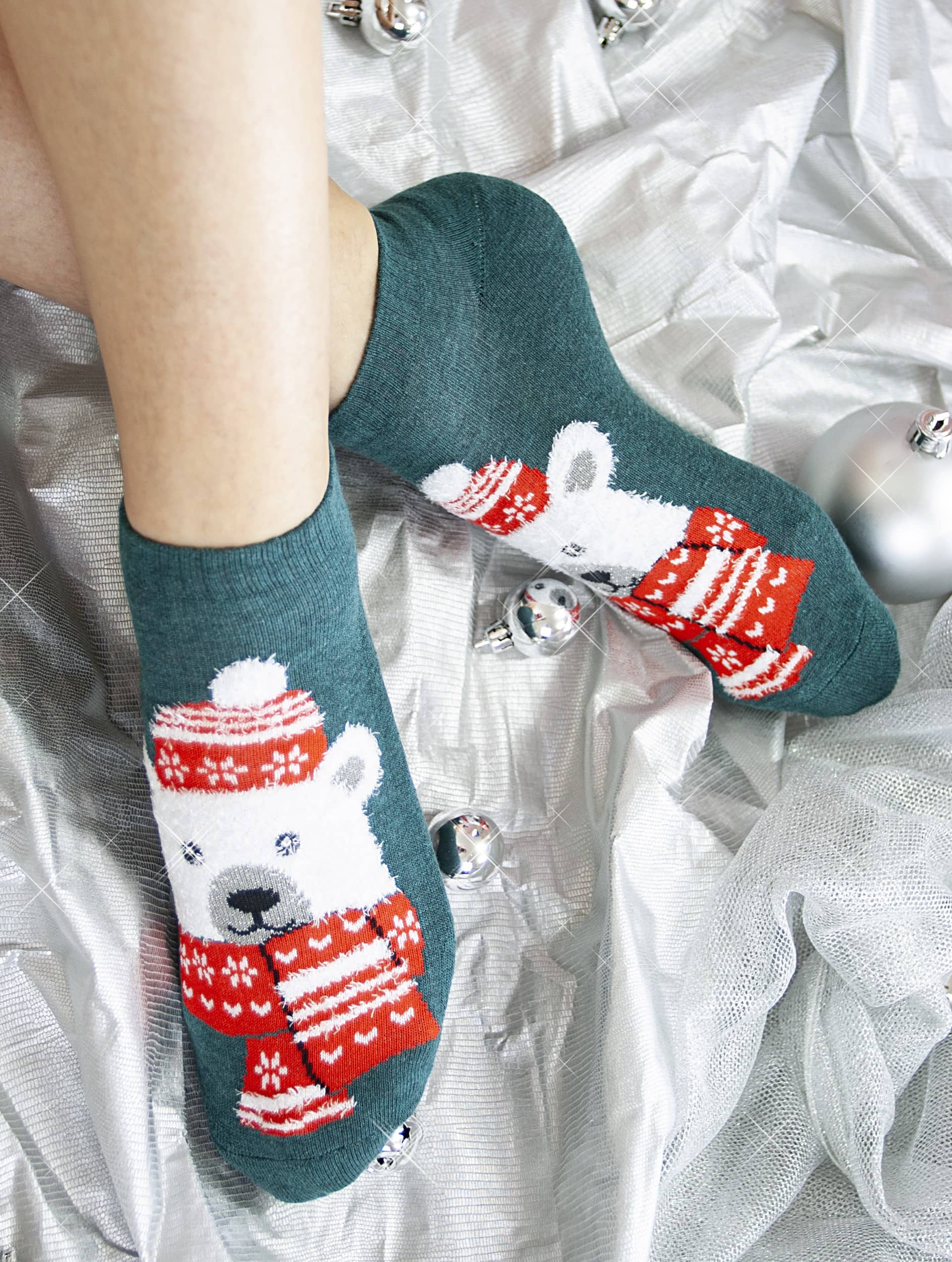 Kratke Božične nogavice ženske Beli Medvedek