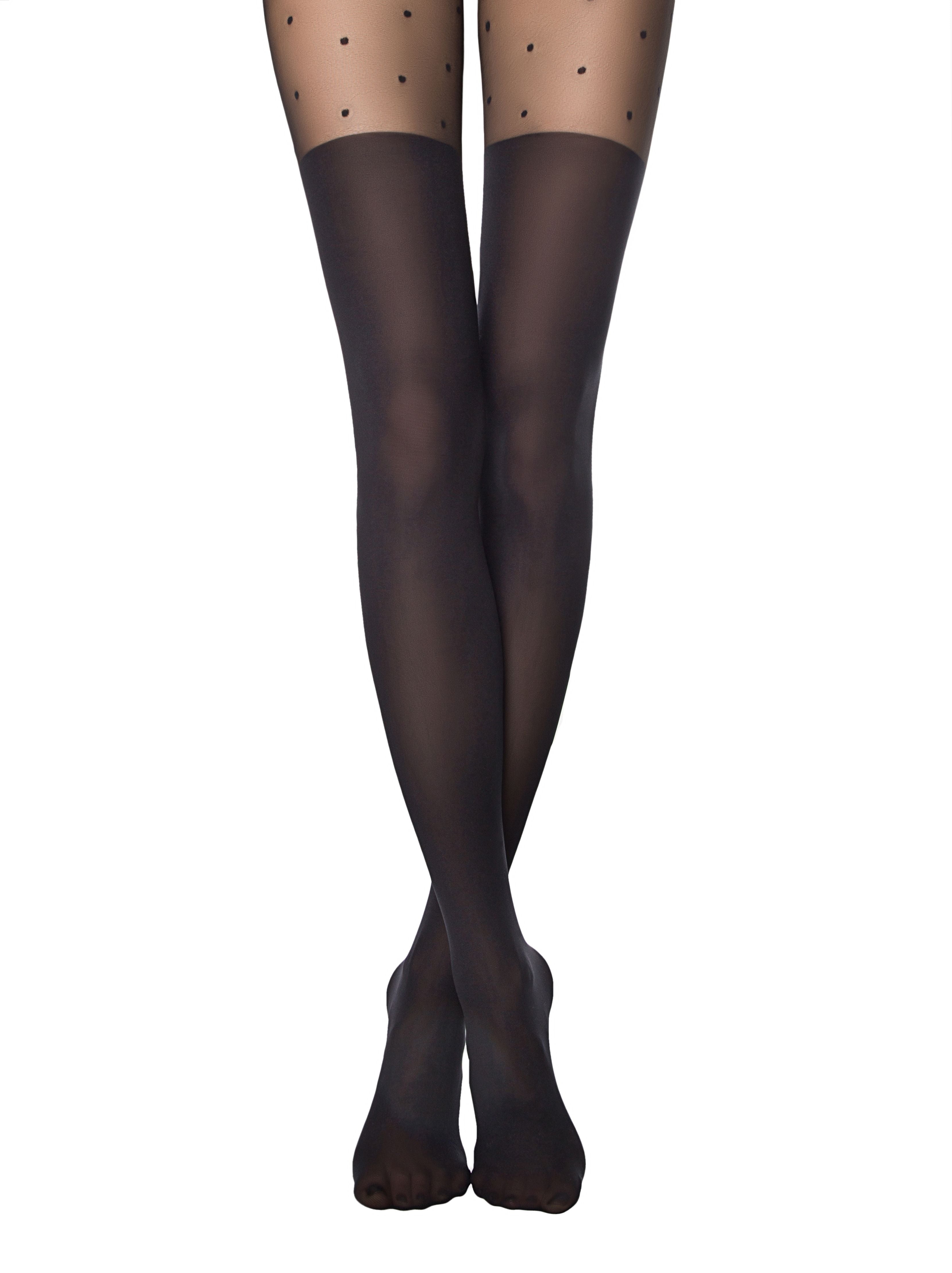 Črne hlačne nogavice v videzu nadkolenk s pikčastim vzorcem v zgornjem delu Conte Elegant Sensation