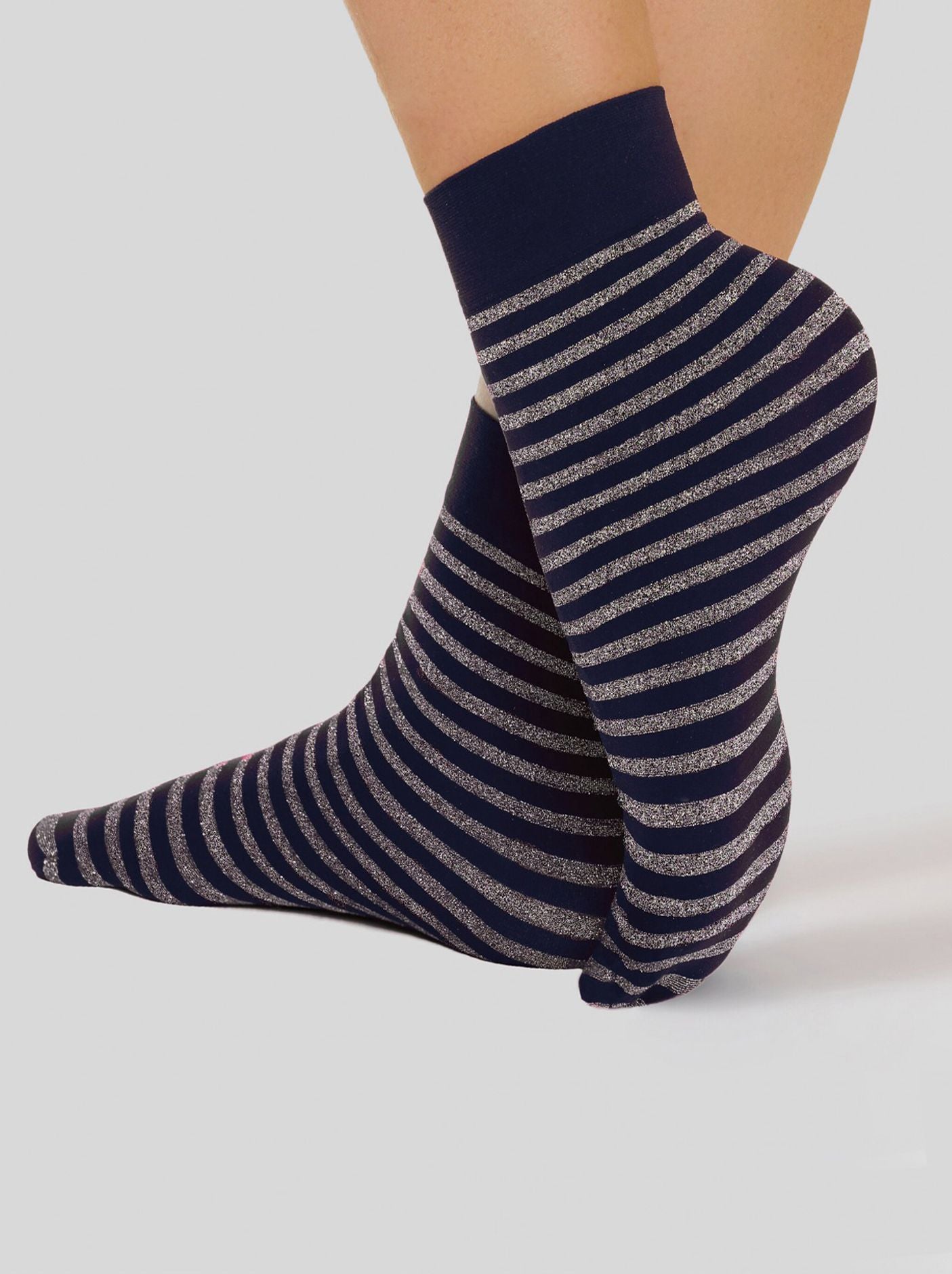 Conte Elegant Women's Glitter Socks with a shiny Lurex stripes, navy color