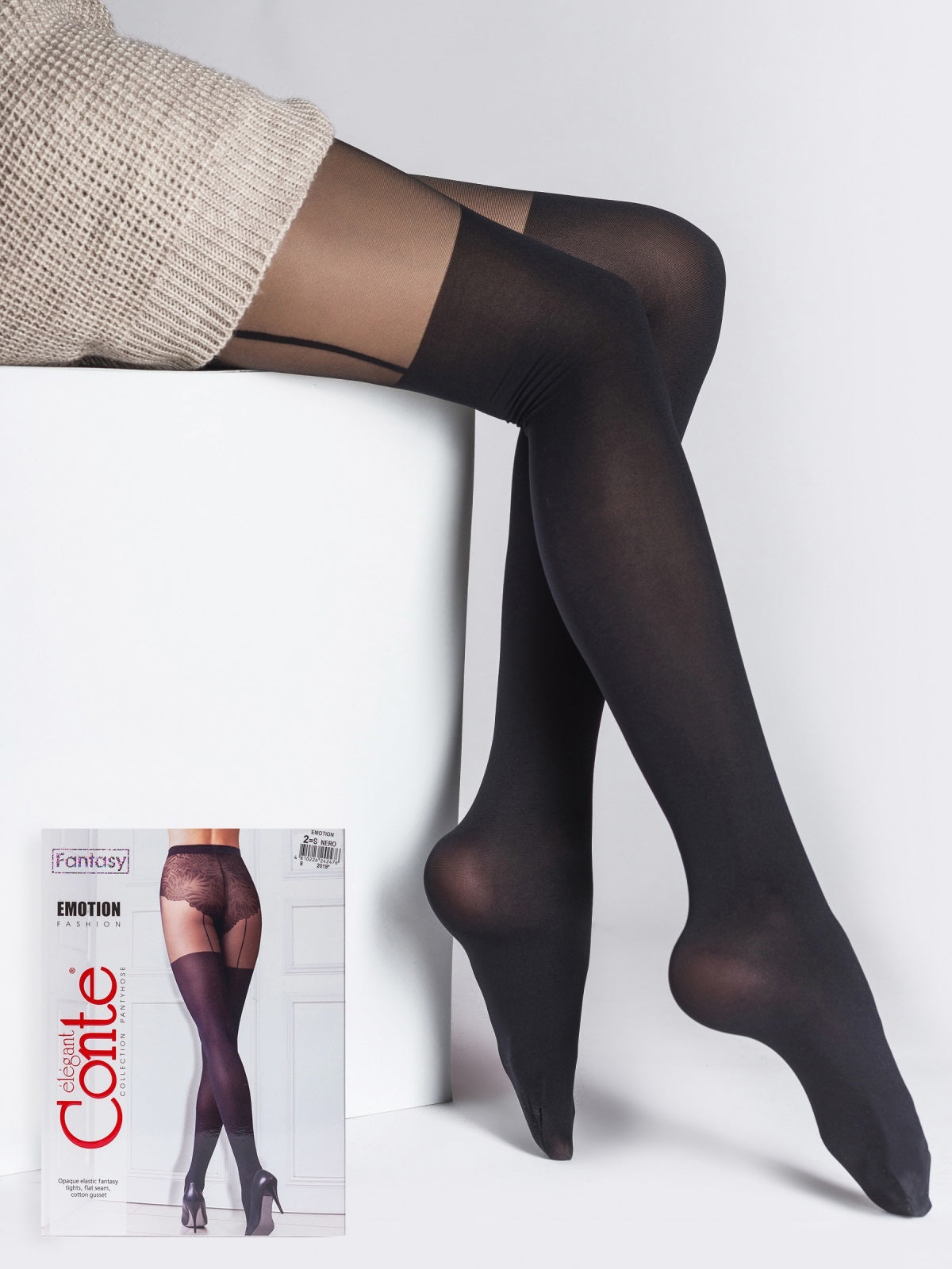Črne najlonke v videzu nogavic za pas Conte Elegant hlačne nogavice v videzu nadkolenk s pasom Emotion